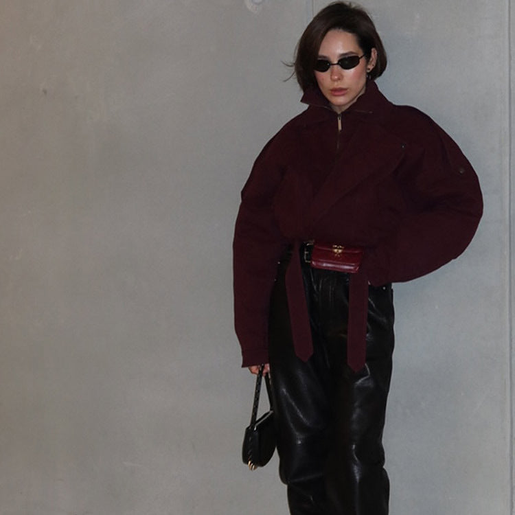 Damen moderne Oversized-Jacke mit Stehkragen und Taillengürtel EB