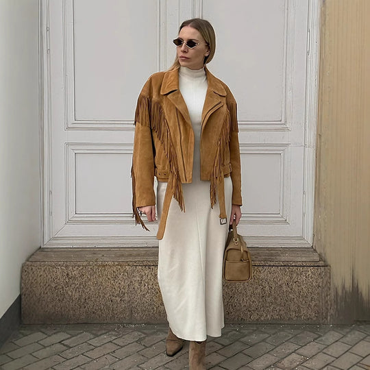 Damen Wildlederjacke mit fransigen Details und taillierbarem Gürtel EB