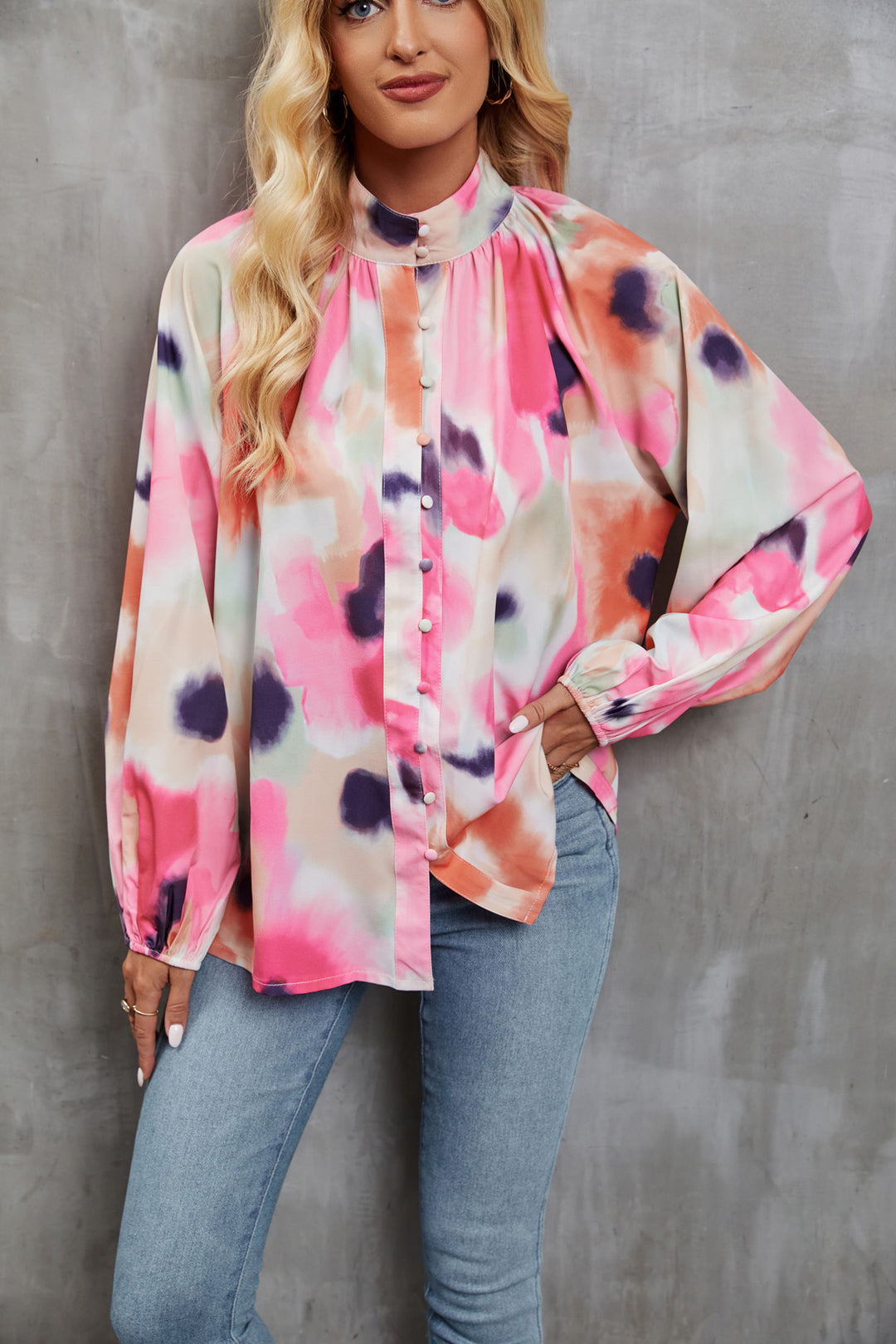 Damen Bluse mit buntem Floral-Print und Schluppenkragen EB