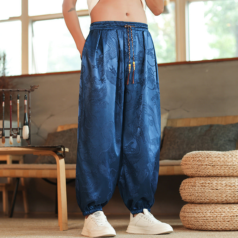 Herren nan weite Jacquard-Satin-Haremshose mit Tunnelzug, elastischen Bündchen und traditionellem Drachenmotiv EB