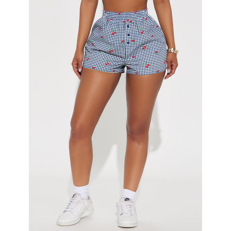 Damen Shorts mit fröhlichem Karomuster und verspieltem Fruchtprint EB