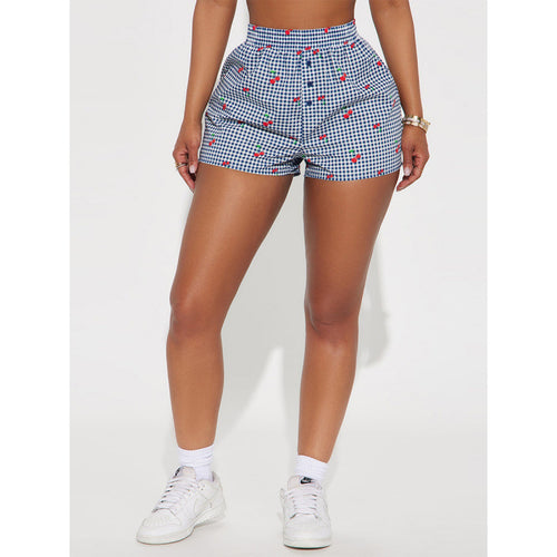 Damen Shorts mit fröhlichem Karomuster und verspieltem Fruchtprint EB