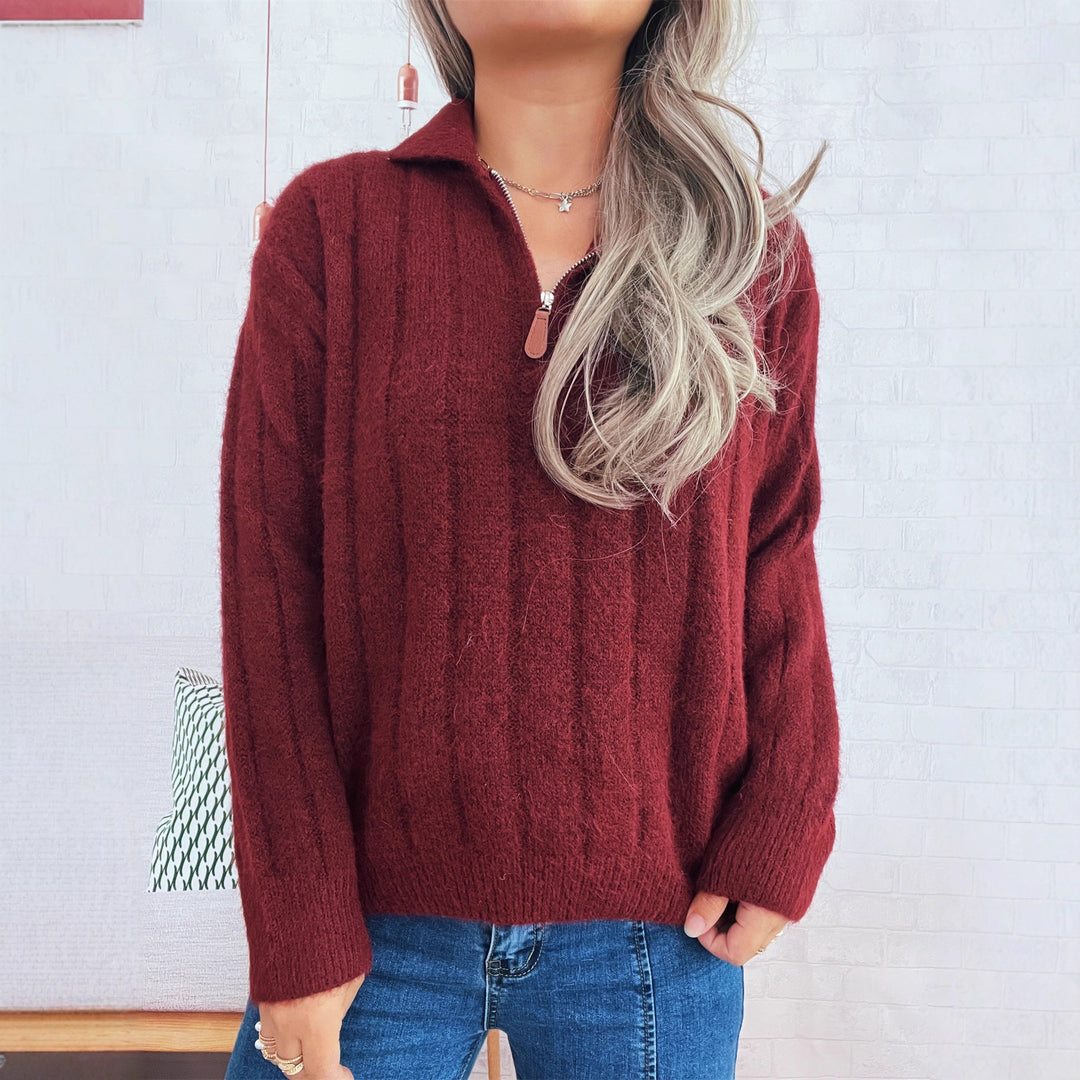 Damen Strickpullover mit kurzer Reißverschlussleiste und Wellenstruktur EB