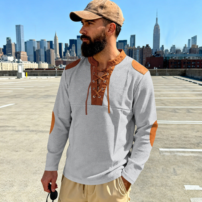 Herren Waffelstrick-Langarmshirt mit Schnürung und Kunstvelours-Ellbogenpatches EB