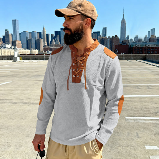 Herren Waffelstrick-Langarmshirt mit Schnürung und Kunstvelours-Ellbogenpatches EB