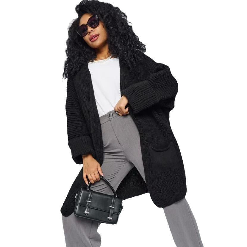 Damen Langer Strickcardigan mit offenen Fronten und praktischen Taschen EB