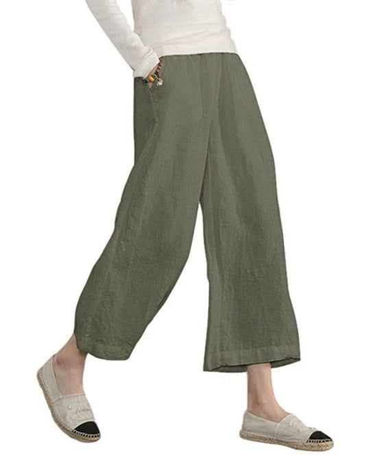 Damen weite Leinenhose mit seitlichen Taschen und elastischem Bund EB