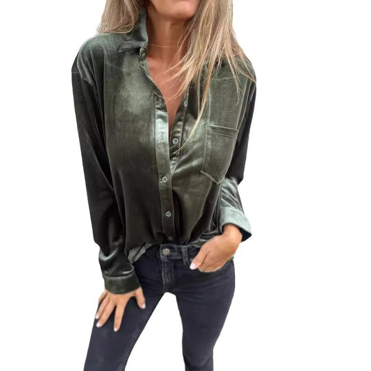 Damen Elegante und luxuriöse Bluse aus Samt mit Taschen EB