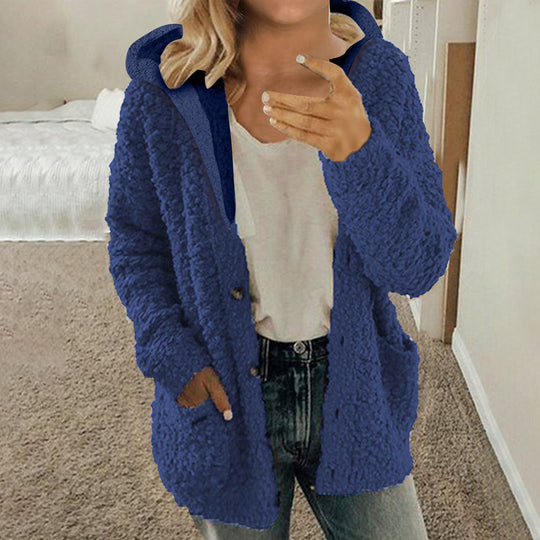 Damen kuschelige Fleecejacke mit Kapuze und praktischen Taschen EB