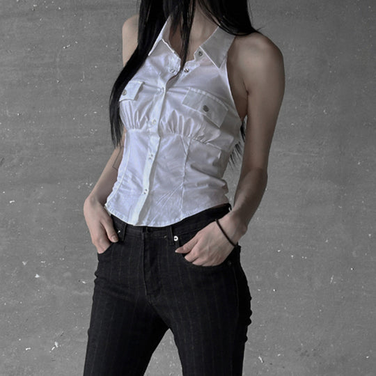 Damen Haltertop mit elegantem Kragen und praktischen Brusttaschen EB