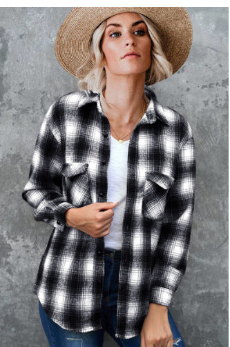 Damen Gestreifte Flanell-Bluse mit zwei Brusttaschen EB