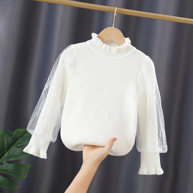 Mädchen elegantes Pullover mit transparenter Spitzenärmel EB
