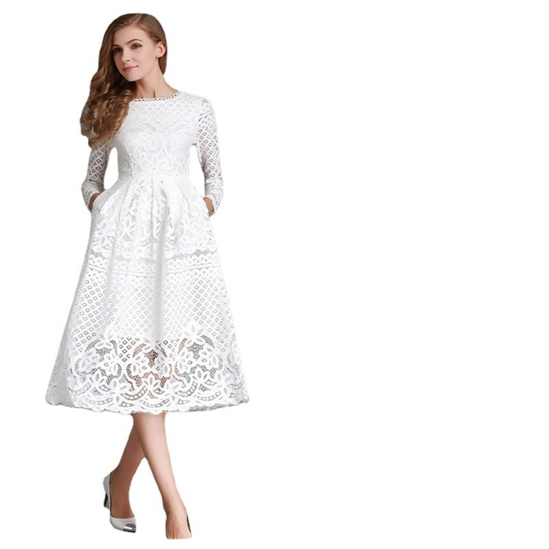 Damen Spitzen Midikleid mit langen Ärmeln und floralem Detail EB
