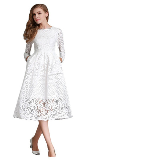 Damen Spitzen Midikleid mit langen Ärmeln und floralem Detail EB