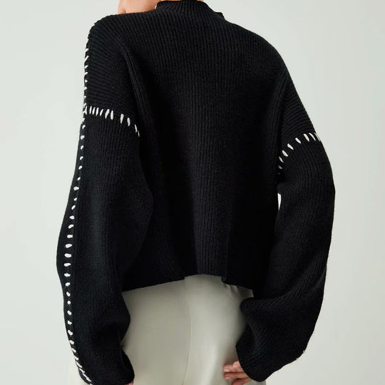 Damen nan Grobstrick-Oversize-Pullover mit hoher Rollkragenkante und Zierstich-Ärmeln EB