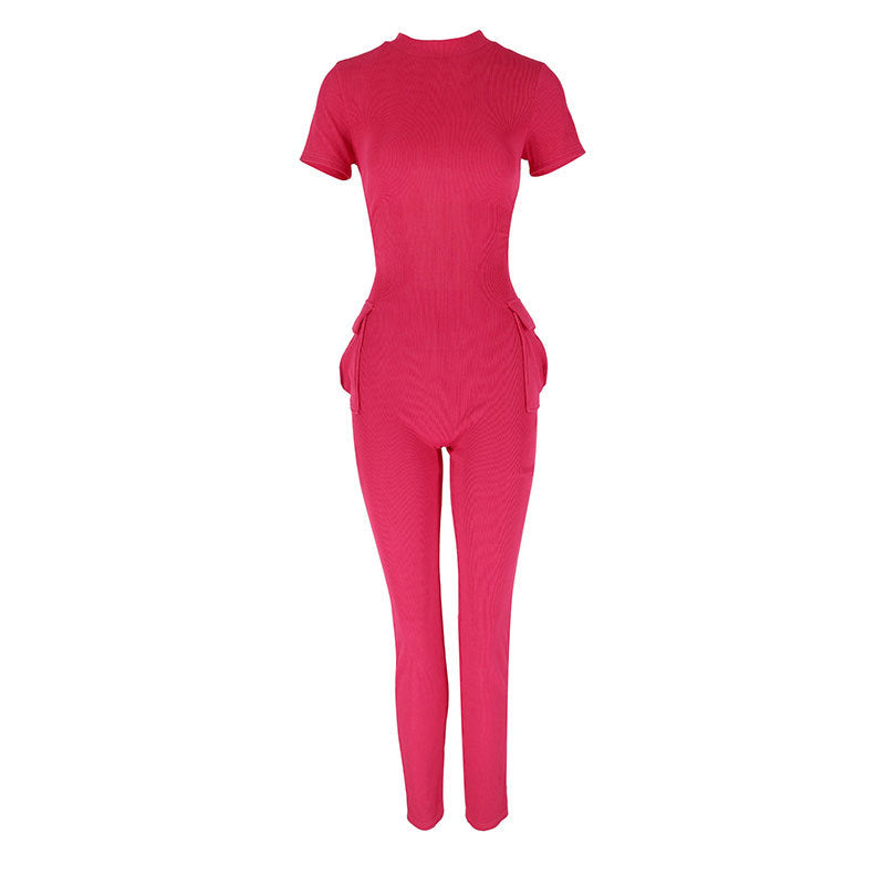 Damen figurbetontes Jumpsuit mit hohem Kragen und Seitentaschen EB