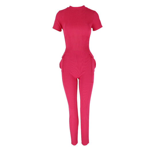 Damen figurbetontes Jumpsuit mit hohem Kragen und Seitentaschen EB