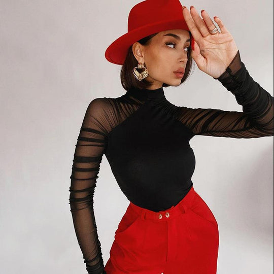 Damen Eleganter Langarm-Bodysuit mit transparenter Raffung EB