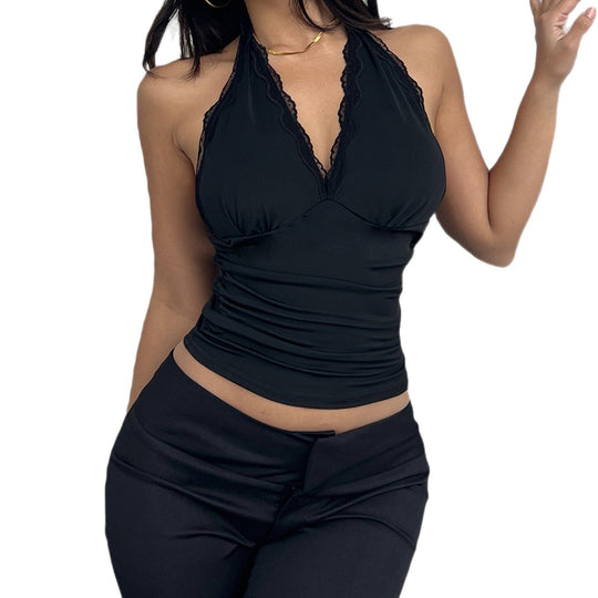 Damen Elegantes Haltertop mit aufregendem V-Ausschnitt und modischen Spitzenakzenten EB
