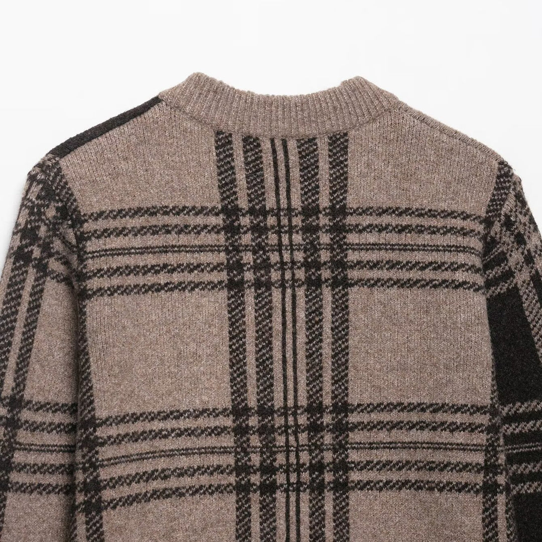 Damen lässige Karostrickjacke mit Knopfverschluss EB