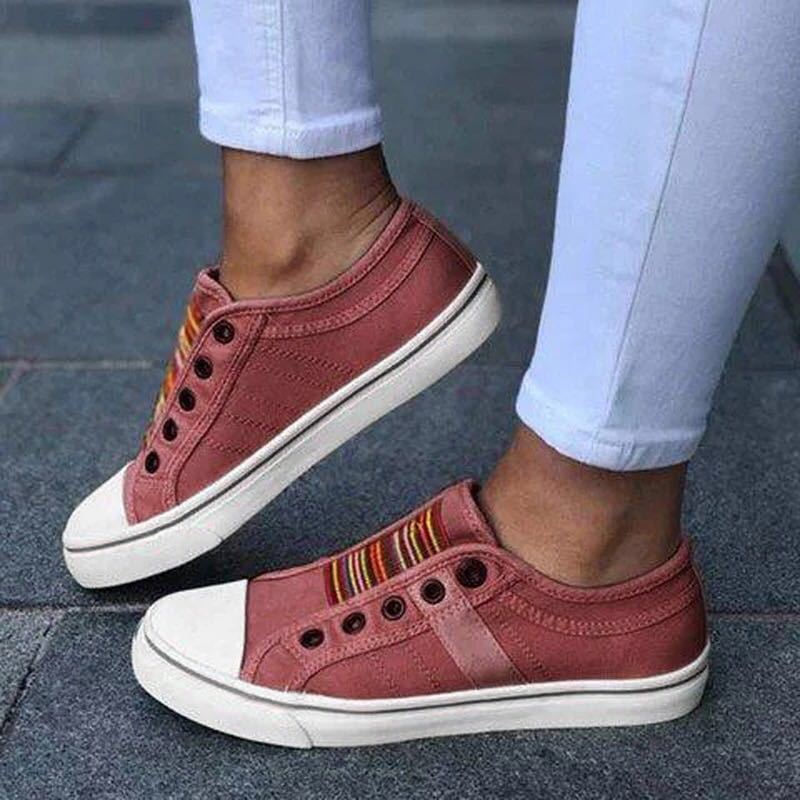 Damen Sportliche Canvas Sneaker mit buntem Streifenmuster EB