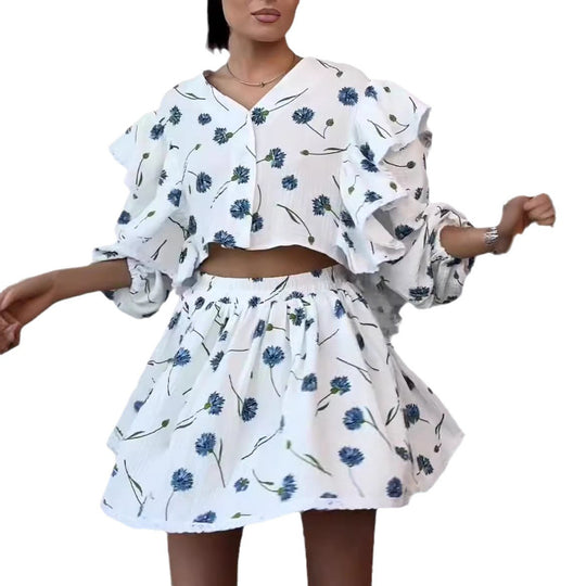 Damen Zweiteiliges Set mit herzförmigem Muster und luftiger Bluse EB