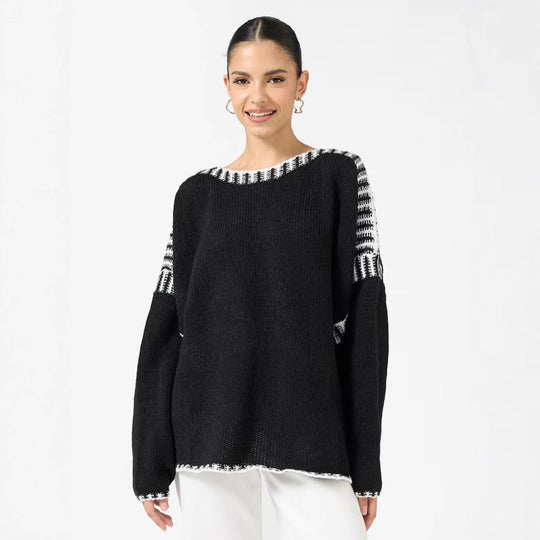 Damen Oversize Grobstrickpullover mit Kontraststreifen an Schultern und Saum EB