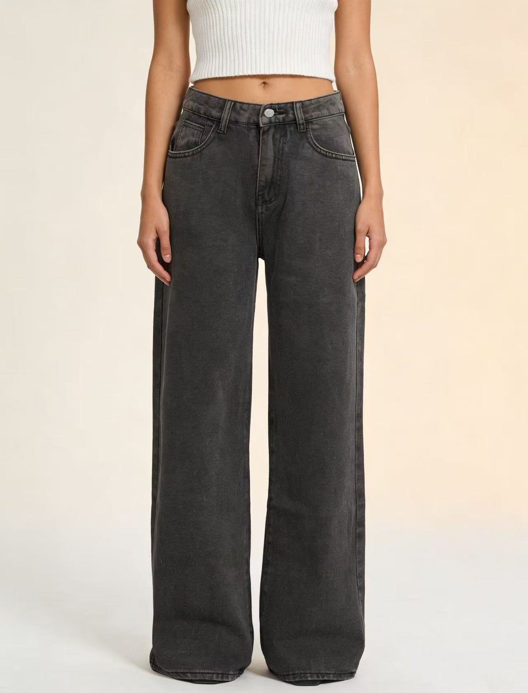 Damen weite Denim-Hose mit Vintage-Waschung und hoch geschnittenem Bund EB