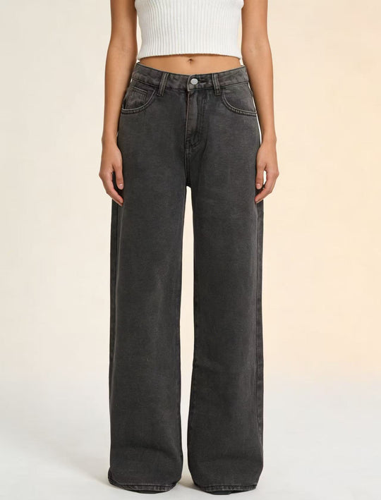 Damen weite Denim-Hose mit Vintage-Waschung und hoch geschnittenem Bund EB