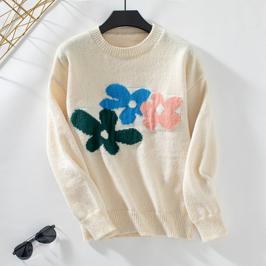 Damen lässiger Pullover mit floralen Motiven und Rundkragen EB
