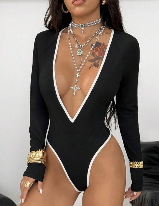 Damen Bodysuit mit tiefem V-Ausschnitt und eleganten Kontrastnähten EB