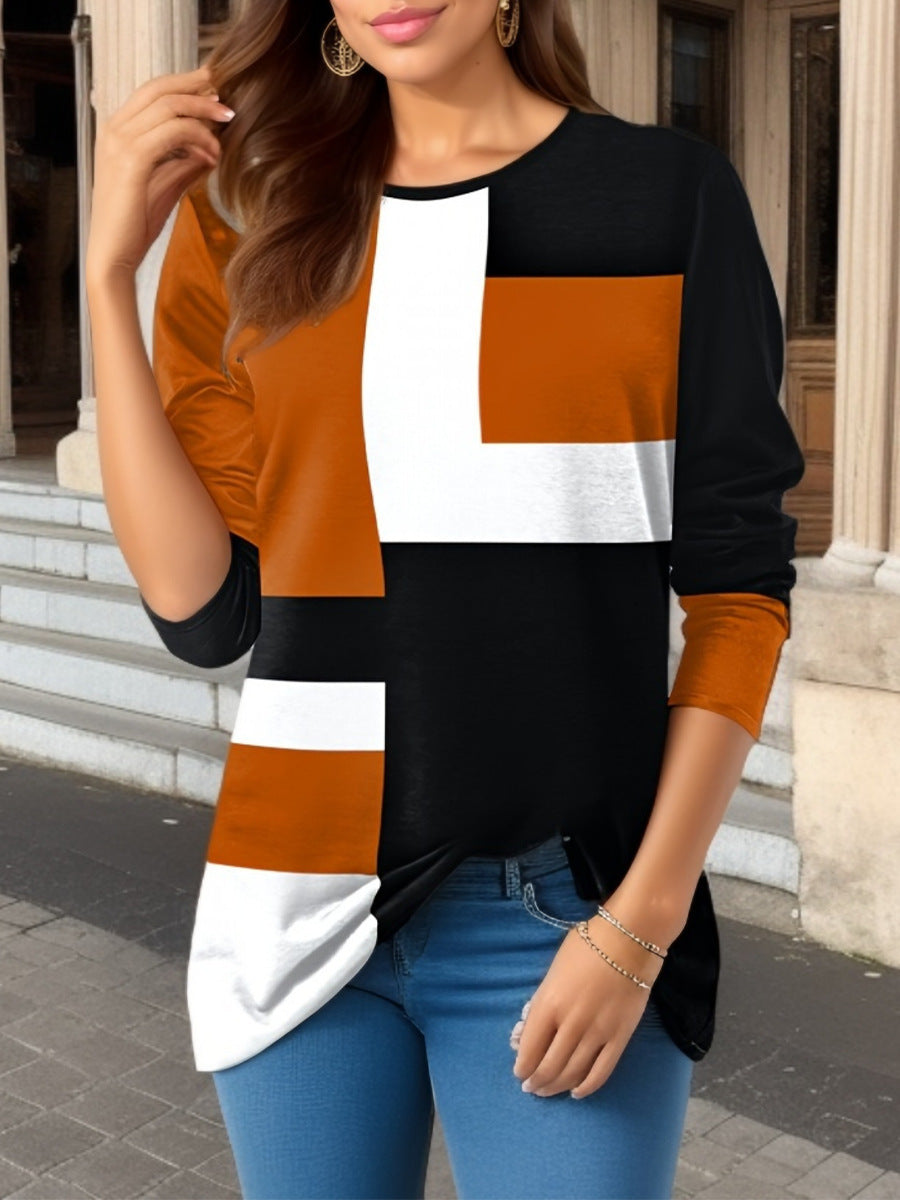 Damen nan geometrisches Colorblock Longsleeve-Tunika-Oberteil mit Rundhalsausschnitt und asymmetrischem Saum EB