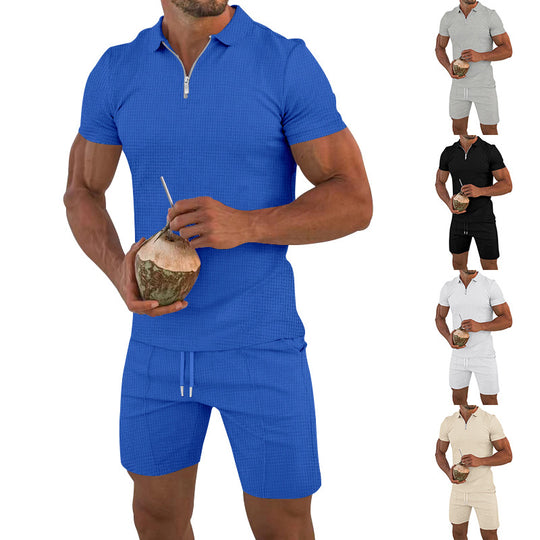 Herren lässiges Kurzarm-Set mit strukturiertem Polo und modischen Shorts EB