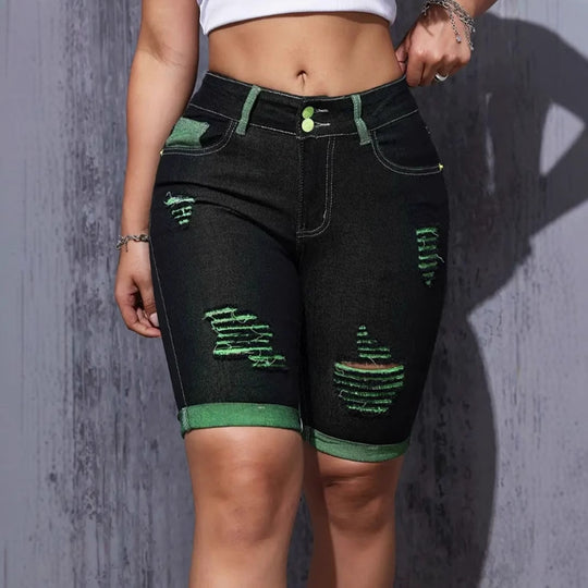 Damen Destroyed Denim-Shorts mit auffälligen Akzenten und hohem Bund EB