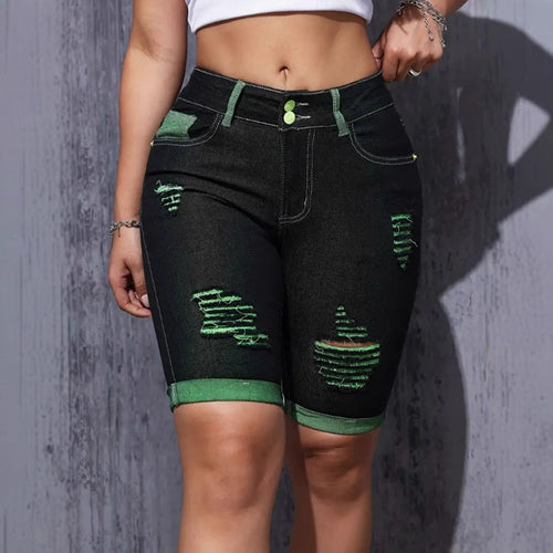 Damen Destroyed Denim-Shorts mit auffälligen Akzenten und hohem Bund EB