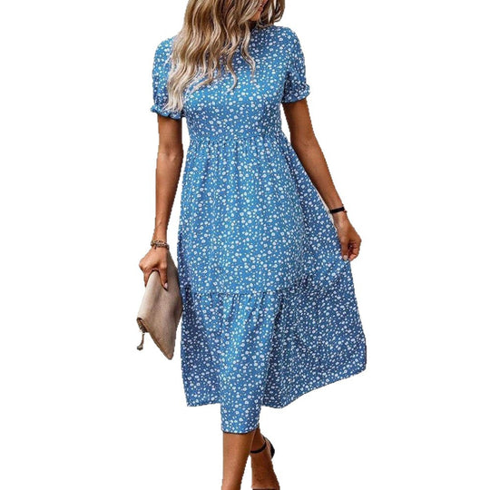 Damen nan ausgestelltes Midikleid mit hohem Rundhalsausschnitt, Puffärmeln, geraffter Empire-Taille und Stufensaum EB