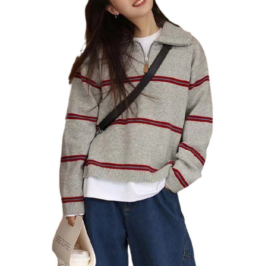 Damen gestreifter Pullover mit hohem Kragen und Reißverschluss EB