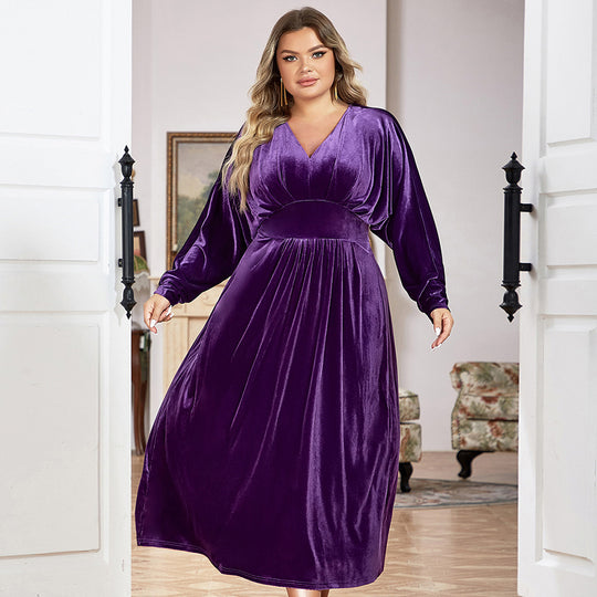 Damen Samt Maxikleid mit elegantem V-Ausschnitt und voluminösen Ärmeln EB