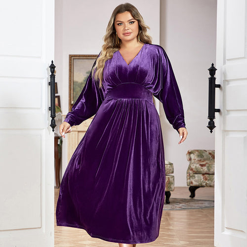 Damen Samt Maxikleid mit elegantem V-Ausschnitt und voluminösen Ärmeln EB