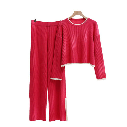 Damen lässiges Strickensemble mit hohem Bund und kontrastierenden Bündchen EB