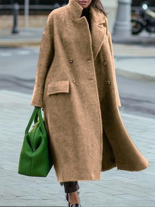 Damen nan Cape-ähnlicher doppelreihiger Wollmantel mit weitem Fall, hohem Stehkragen und Pattentaschen EB