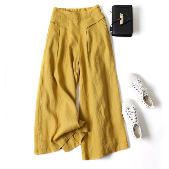 Damen Weit geschnittene Leinenhose mit hohem Bund und eleganten Falten EB