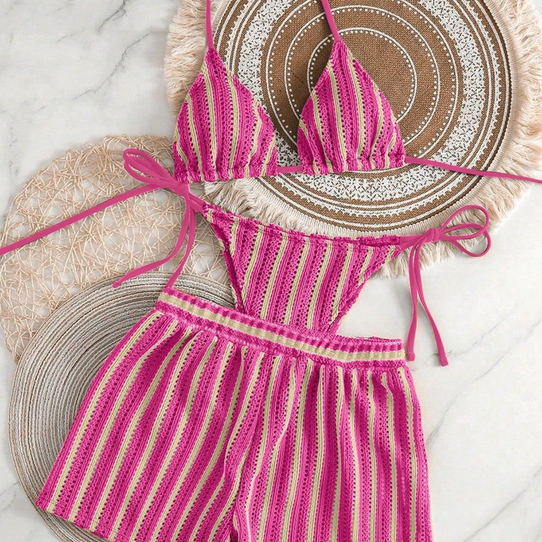 Damen Bikini-Set mit gerafftem Oberteil und hoch taillierten Shorts EB