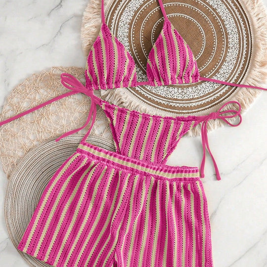 Damen Bikini-Set mit gerafftem Oberteil und hoch taillierten Shorts EB