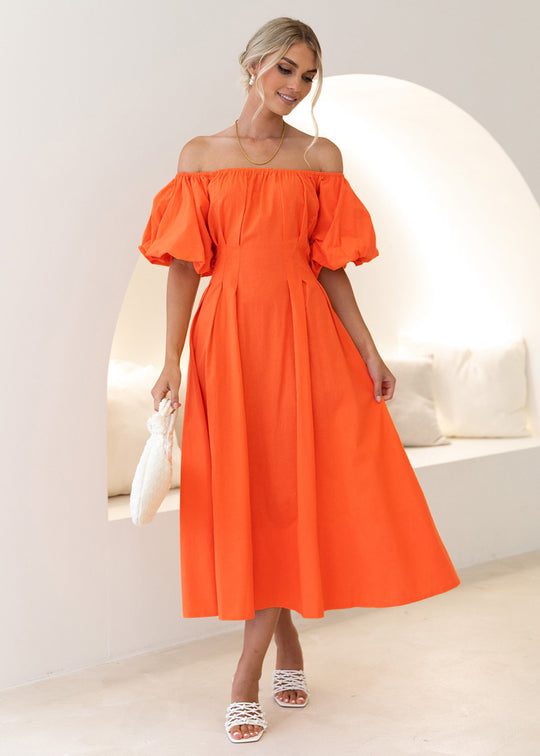 Damen Maxikleid mit schulterfreier Silhouette und voluminösen Ärmeln EB