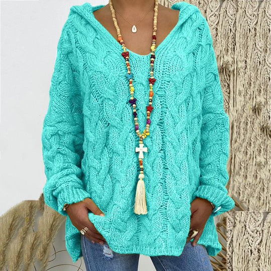 Damen nan grob gestrickter Kapuzenpullover mit Zopfmuster und weitem Oversize-Schnitt EB