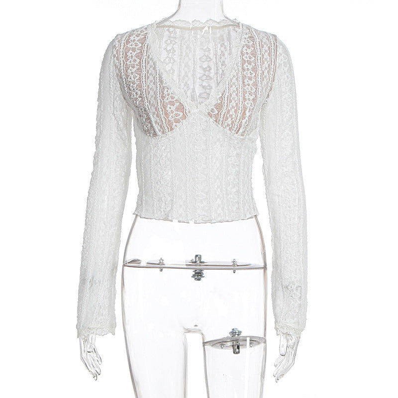 Damen Spitzenbluse mit transparentem Design und langen Ärmeln EB