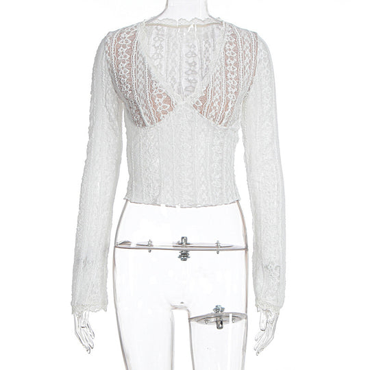 Damen Spitzenbluse mit transparentem Design und langen Ärmeln EB