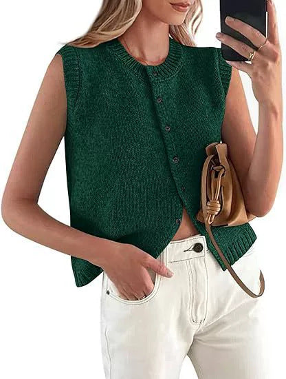 Damen lässige Strickweste mit Knopfleiste und Rundhalsausschnitt EB
