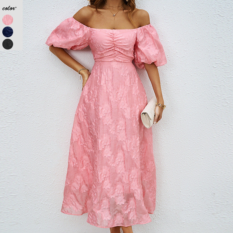 Damen Maxikleid mit schulterfreiem Design und voluminösen Puffärmeln EB